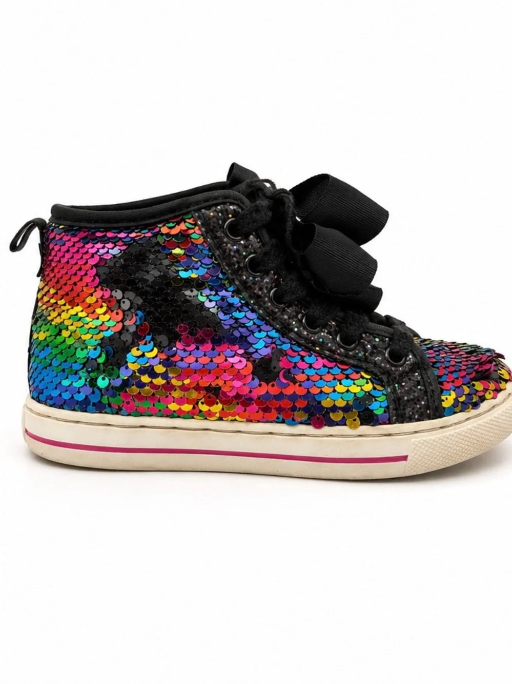 Justice Rainbow Sequin High Top Sneakers Girls Bow Ribbon MultiColor Glitter 12